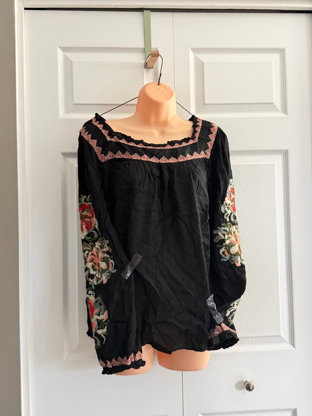 Sundance Black Embroidered Peasant Tunic with Pink Trim